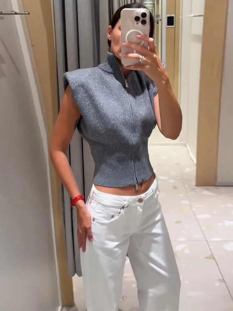 Cardigan in maglia da donna senza maniche con spalline imbottite, collo alto a metà, doppia cerniera, corto, aderente, tinta unita, top di tendenza per la strada