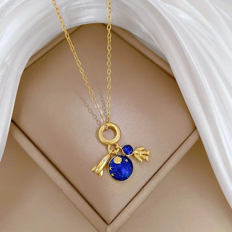 Collana di lusso leggera in acciaio al titanio con serie Star per donna, colore oro, pianeta, luna, astronauta, collane con ciondolo, gioielli, regali