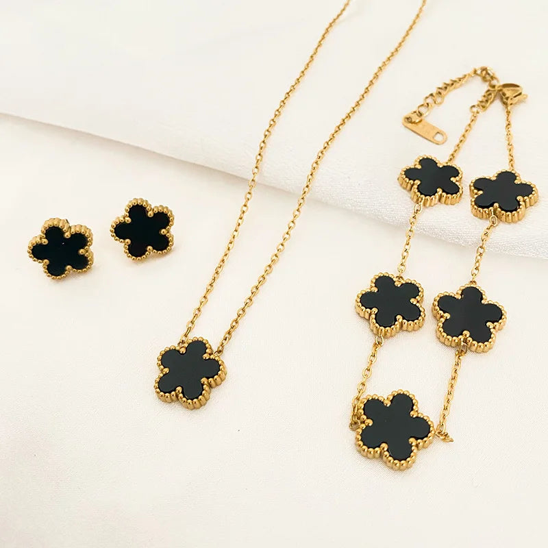 3 pezzi in acciaio inossidabile 316L di lusso fiore di pruno pianta a cinque foglie fiore collana orecchini braccialetto per le donne set di gioielli regalo