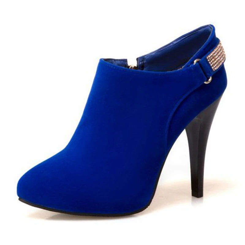 REAVE CAT Ankle Boots Pointed Toe Shoes women Sale Thin Heels Flock Suede Leather Rhinestone Big Size 31-50 Weeding Blue Black