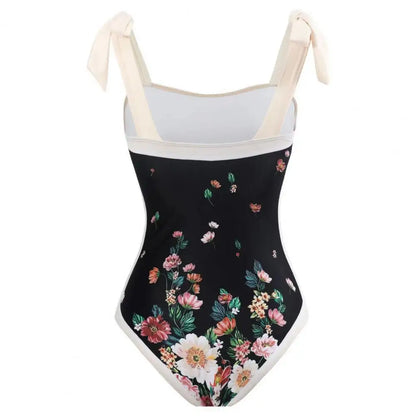 2 pezzi/set costume monokini da donna stampa vintage costume intero con cravatta al collo quadrato con gonna costume da bagno da donna con copertura da spiaggia