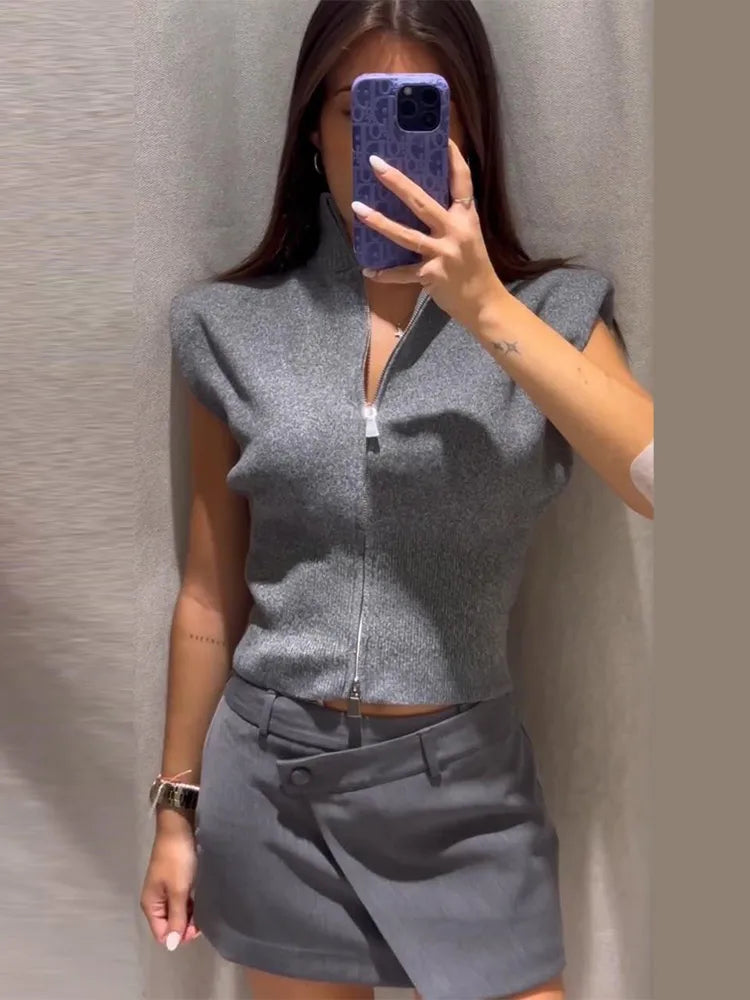 Cardigan in maglia da donna senza maniche con spalline imbottite, collo alto a metà, doppia cerniera, corto, aderente, tinta unita, top di tendenza per la strada