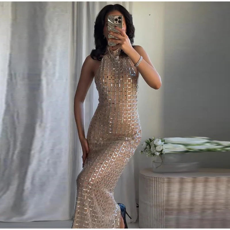 Diamanti di lusso Halter Abito lungo da donna Sexy Slim senza maniche Backless Split Abiti da festa 2026 Primavera Estate Lady Abiti da sera