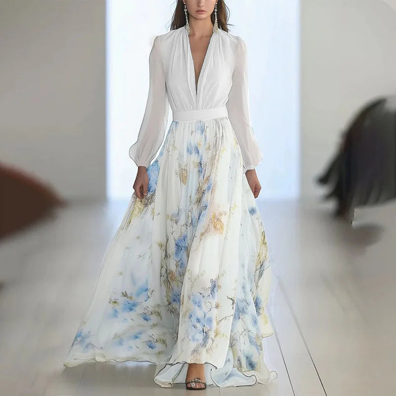 Abito bohémien patchwork con stampa floreale alla moda Donna Abiti lunghi sexy con scollo a V profondo Abiti lunghi larghi con maniche a sbuffo della nuova primavera