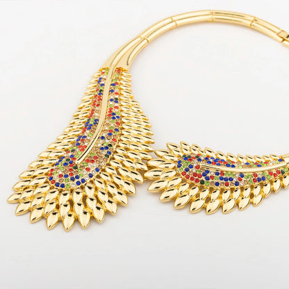 Parure de bijoux tendance et colorée pour femme, boucles d'oreilles et collier en zircon, grand bracelet plaqué or, bague, nouveau style, cadeau de bijoux