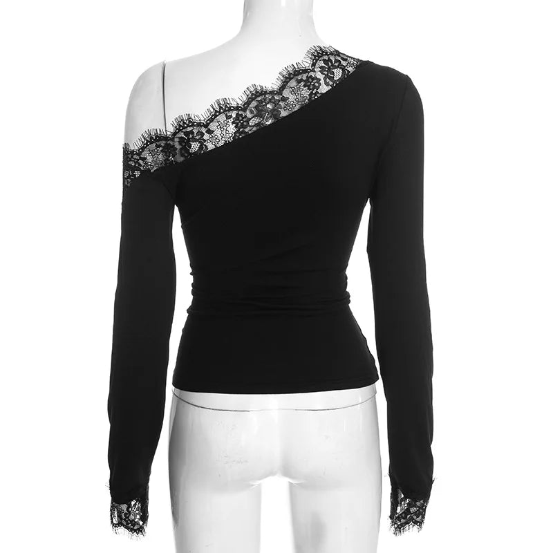 Top da donna con giunture in pizzo asimmetrico, moda casual, top autunnale, stile europeo americano, vita scoperta