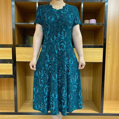 Abito estivo nuovo 2024 Abito classico da donna retrò Stampa Abito casual a maniche corte Moda Plus Size Fiore