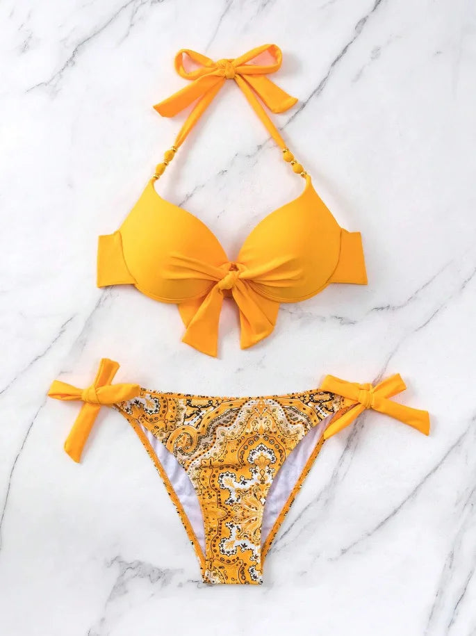 Costume da bagno bikini push-up halter stampato 2026 da donna, sexy, con spalline, per il mare e la piscina