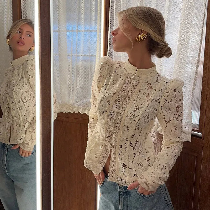 Elegante pizzo vedere attraverso camicia cinese donna sexy manica intera monopetto slim camicetta corta 2026 Lady Daily Street Shirts