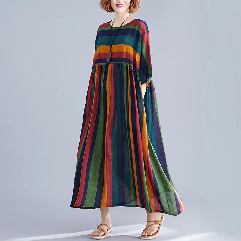 Abito estivo da donna a maniche corte, oversize, in cotone, a righe vintage, nuovo arrivo, casual, ampio, lungo, elegante, collezione 2026