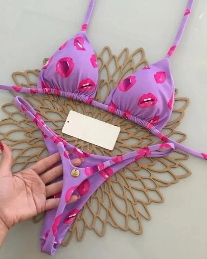Summer Print Sexy Bikini Sets Halter Lace-up Tops Thongs Beach Style Bathing Suit Y2k Swimsuits Women Beachwear Fashion New