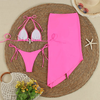 Sexy Solid 3 pezzi Micro Bikini Costume da bagno donna 2024 Costumi da bagno Costume da bagno Beachwear Gonna lunga Bikini Set Biquini femminile
