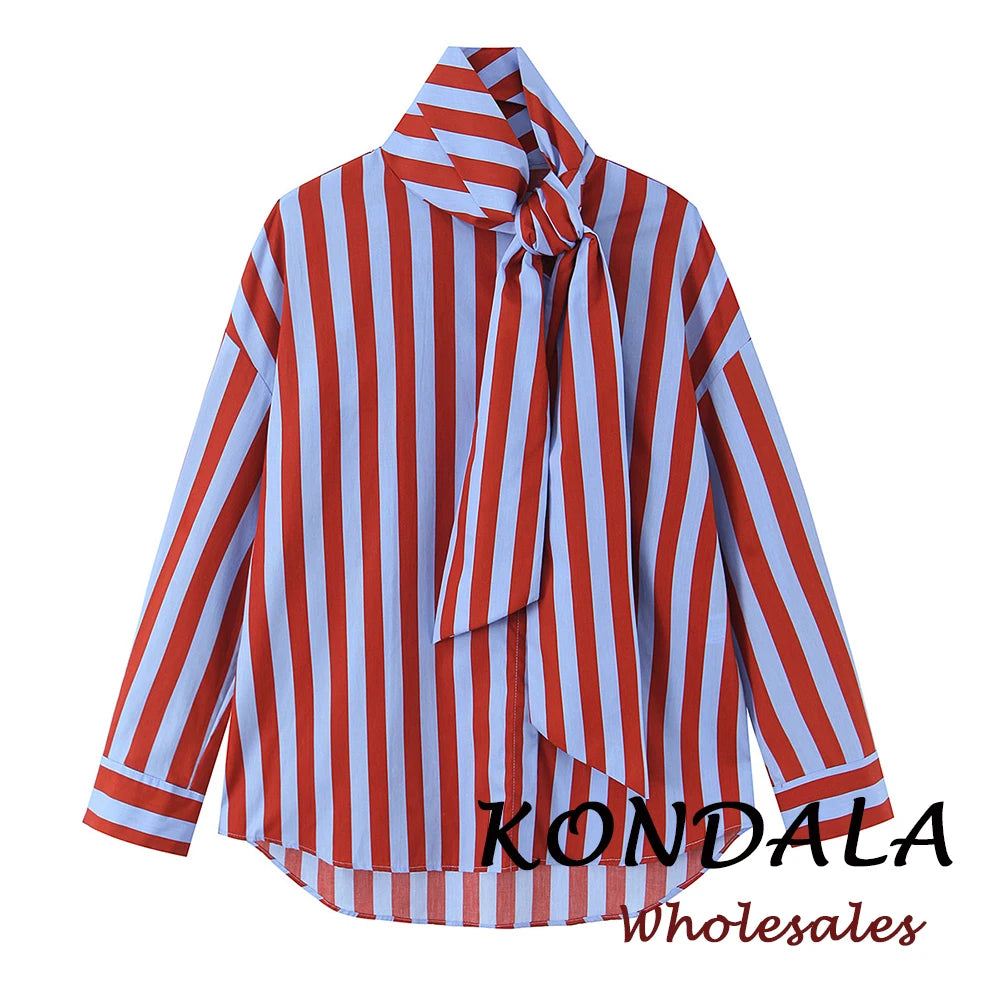KONDALA Camicia Vintage a Righe con Fiocco da Donna, Casual, Asimmetrica, Moda Primavera 2026, Camicia Monopetto, Streetwear Chic Femminile