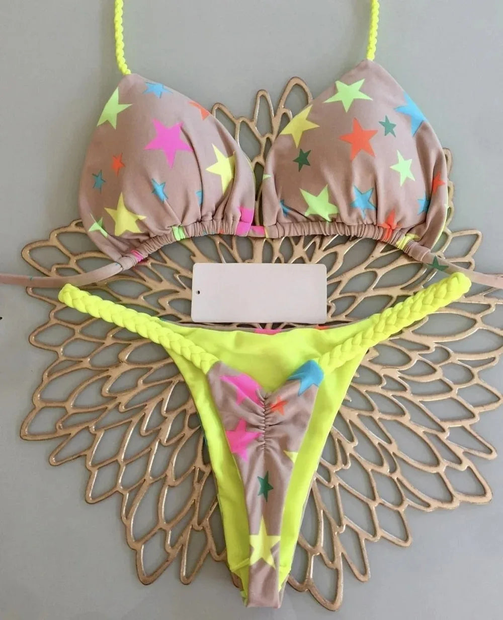 Nouveau bikini femme à imprimé fendu Maillot de bain mode G-string Vacances à la plage