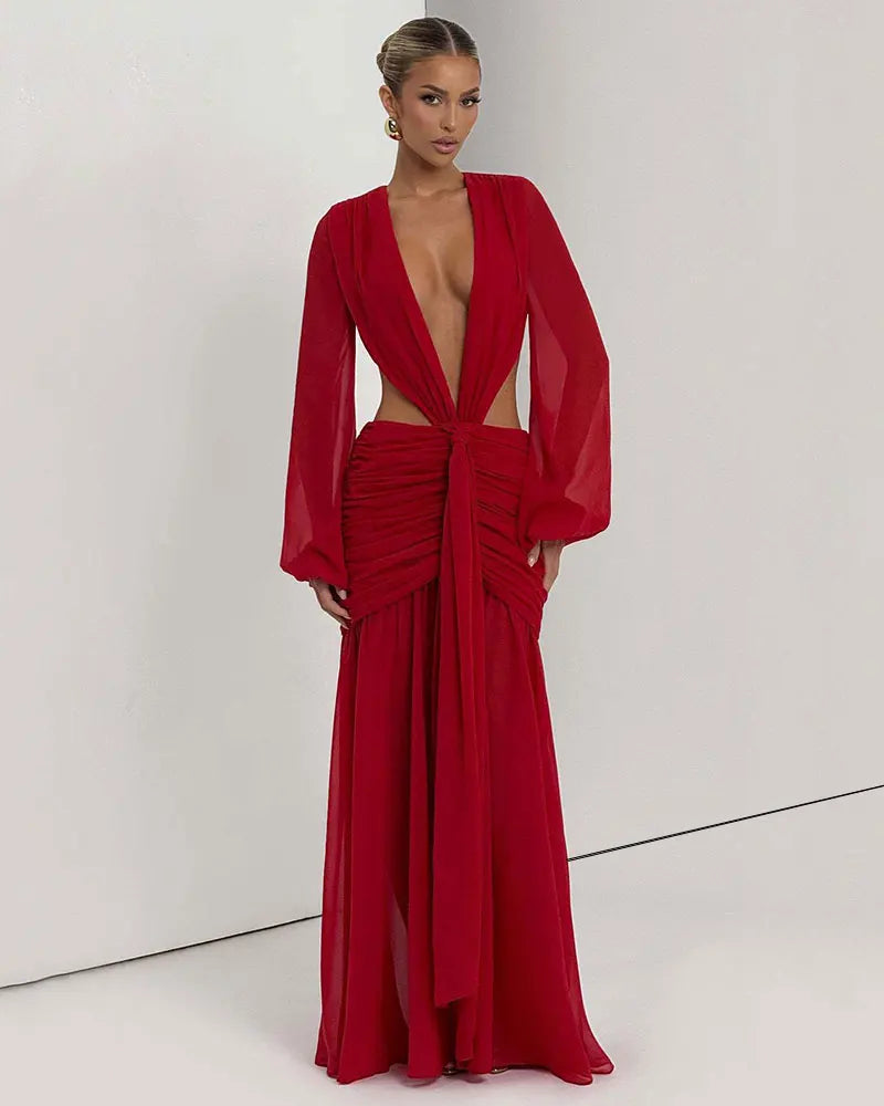 GACVGA Abito lungo elegante in chiffon per donna Nuovi abiti con maniche a lanterna Abiti lunghi aderenti da club sexy pieghettati