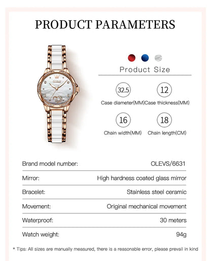 OLEVS 6631 Orologi automatici da donna Eleganti orologi da polso meccanici da donna impermeabili con cinturino in ceramica color oro rosa e lunetta con diamanti
