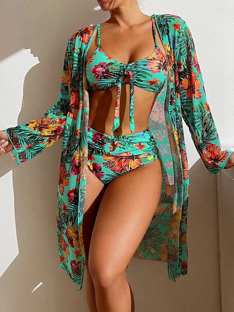 Bikini sexy a vita alta 3 pezzi Costume da bagno stampato floreale Taglia 3XL-S Set bikini da donna con camicetta a maniche lunghe in rete Super vendite