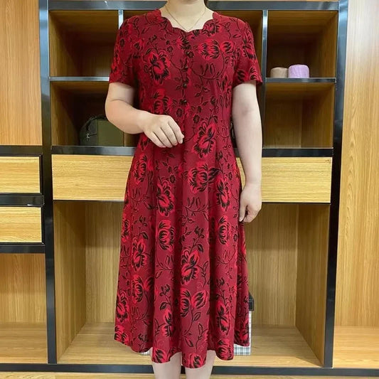 Abito estivo nuovo 2024 Abito classico da donna retrò Stampa Abito casual a maniche corte Moda Plus Size Fiore