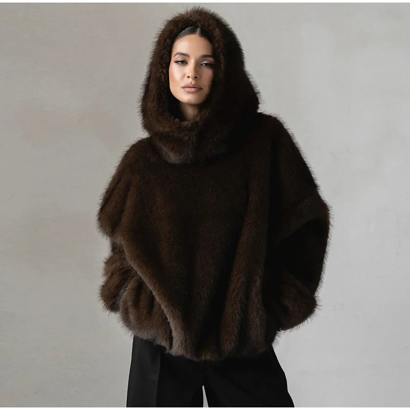 Cappotto da donna in pelliccia sintetica marrone con cappuccio Giacca da tasca a maniche lunghe di lusso oversize Lady 2025 Autunno Inverno Chic Street Capispalla