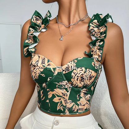 Sommer Sexy Camisole Tops Damen Blumen Rüschen Rückenfrei Bandage Fischgräten-Tanks Slim Süß Ärmelloses Hottie Streetwear Weste