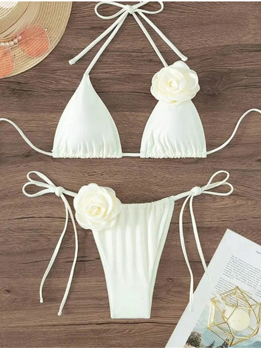 S - XL Sexy Bikini bandeau à fleurs 3D avec bretelles Maillot de bain femme Bikini deux pièces Maillot de bain de natation