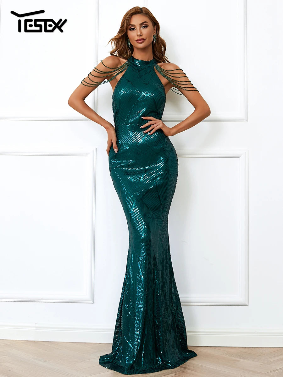 Yesexy New Robe Summer Dress Women Party Sexy Halter paillettes Beaded Maxi Elegant Evening Vestidos Bodycon Long Dresses