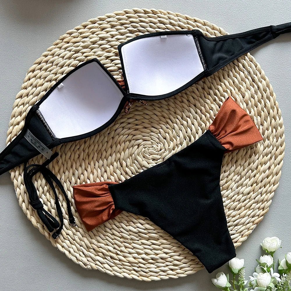Costume da bagno sexy a forma di stella marina in metallo, bikini a fascia nero tinta unita, set bikini donna 2026, costumi da bagno a vita alta, costume da bagno da donna