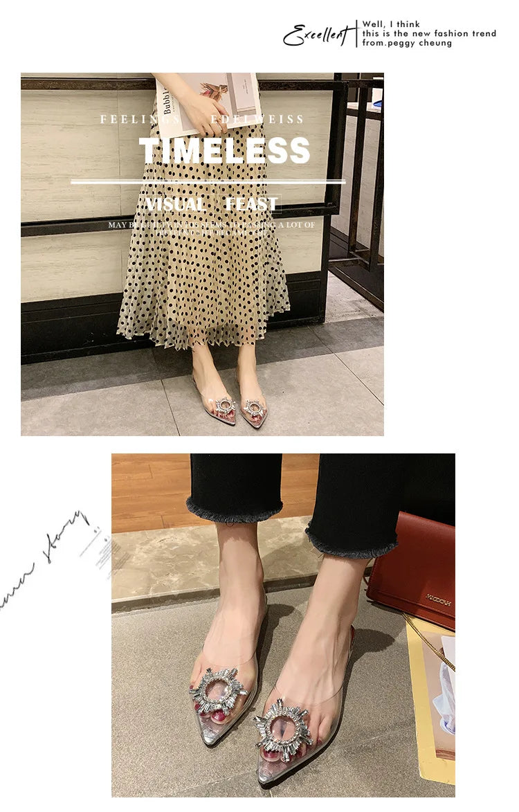 Sandali con tacco alto a punta da donna estivi Pantofola in vetro trasparente Tacco spesso Scarpe alla moda a forma di vetro da vino