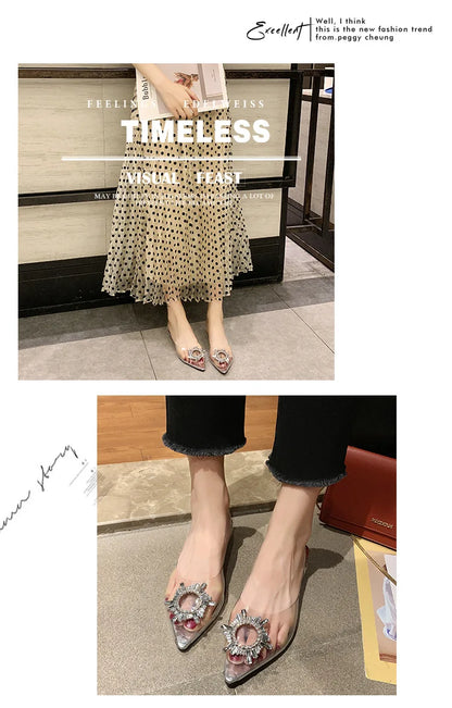 Sandali con tacco alto a punta da donna estivi Pantofola in vetro trasparente Tacco spesso Scarpe alla moda a forma di vetro da vino
