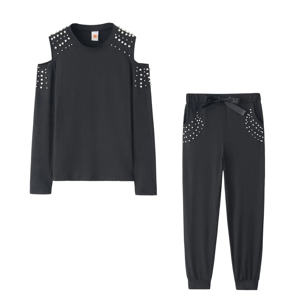 Set da 2 pezzi da donna, collezione Europa 2026, top sexy con perline e colletto rotondo in tinta unita + pantaloni sportivi lunghi, abiti autunnali, dropshipping ZXP9596