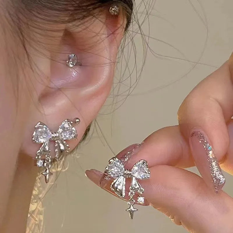 Nuovi orecchini a bottone con zirconi Bowknot Y2K per le donne Moda coreana argento colore cristallo rosa orecchini di personalità regali di gioielli per feste