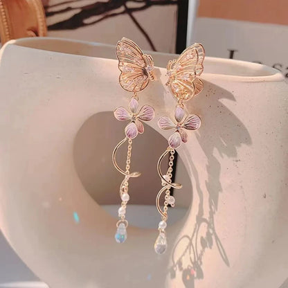 Orecchini a farfalla eleganti coreani per le donne Squisito cristallo zircone lungo nappa fiore orecchini pendenti gioielli temperamento per ragazze