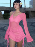 Mini abito da donna con colletto obliquo solido, spalline increspate, con lacci, trasparente, con cordino, estate 2025, Party Clubwear