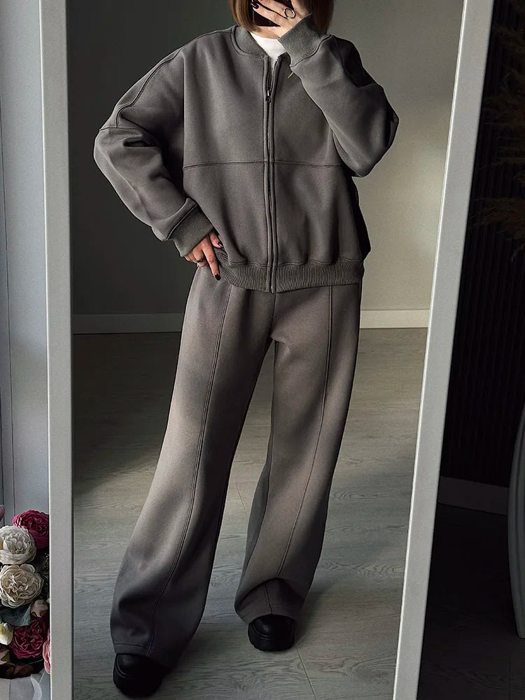 Abito caldo per le donne Pantaloni sportivi Set Inverno 2 pezzi Giacca e pantaloni in pile spesso con cerniera Set Tuta da donna in velluto per le donne