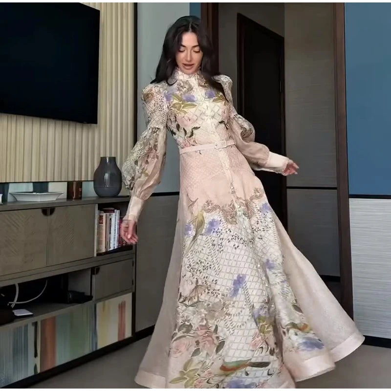 Abito Lungo da Donna con Stampa, Scollo a V, Maniche a Campana, Bordo a Foglia di Loto, Vita Alta, Vestito Maxi Aderente, Elegante Abito da Sera per Feste