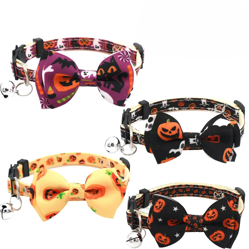 Collana per cuccioli di gattino Cintura con fibbia di sicurezza regolabile Papillon per chihuahua Forniture per animali Collare per gatti Happy Halloween con fiocco a campana