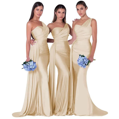 Abiti da damigella d'onore eleganti a sirena monospalla senza maniche in raso abito da cerimonia nuziale abiti para bodas con strascico personalizzato