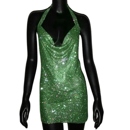 Mini abito sexy con scollo a V senza schienale per le donne Abiti da sera da club per feste con strass lucidi con scollo all'americana e spacco laterale