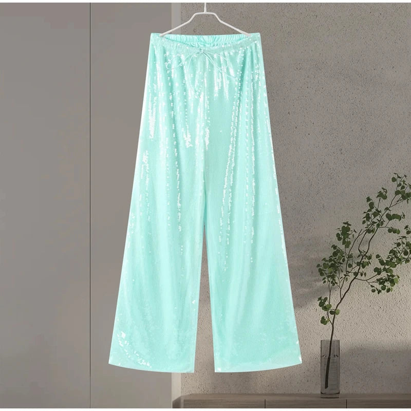 Pantaloni da donna trasparenti con perline alla moda Pantaloni elastici in vita a gamba larga Party Club Pantaloni marroni 2025 Primavera Estate Lady Capispalla larghi