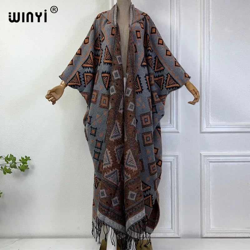 WINYI Winter cardigan outfit donna boho holiday dress stampa spessa calda femminile kaftan maxi dress Hooded mop coat fashion Abaya