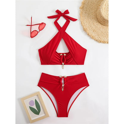 Bikini a vita alta con cut-out e allacciatura al collo da donna 2026 - Set due pezzi imbottito V6256