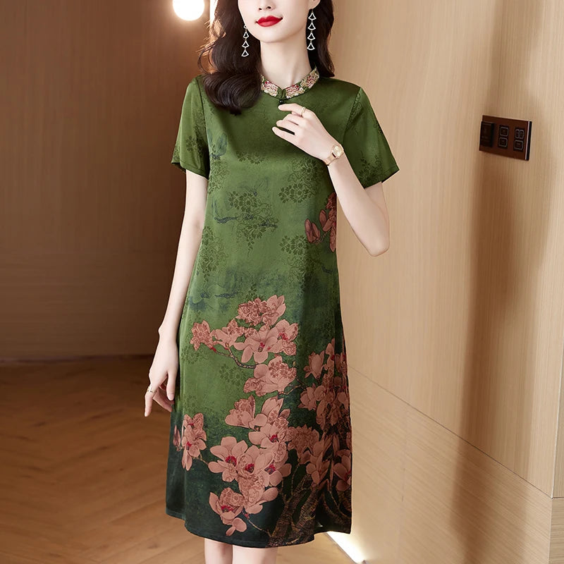 2024 seta floreale manica corta vita allentata vestito Midi donna estate lusso elegante partito abiti coreano Vintage Casual Prom Dress