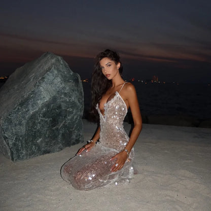 Abito trasparente con cinturino per spaghetti con paillettes Abito da donna sexy con scollo a V in pizzo profondo aderente Abiti da festa da spiaggia 2025 Abito da vacanza elegante e chic