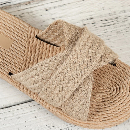 Damen-Hausschuhe Sommer Mode Trend Strohsandalen Strandpantoffeln für drinnen und draußen Freizeit-Flachschuhe Spielehersteller präsentieren Zapatos De Mujer