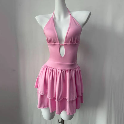 Sommer Sexy Rückenfreies Kleid Damen Mode Neckholder Schnürung A-Linie Rüschen Kleider Damen Tiefer V-Ausschnitt Urlaub Strandkleid