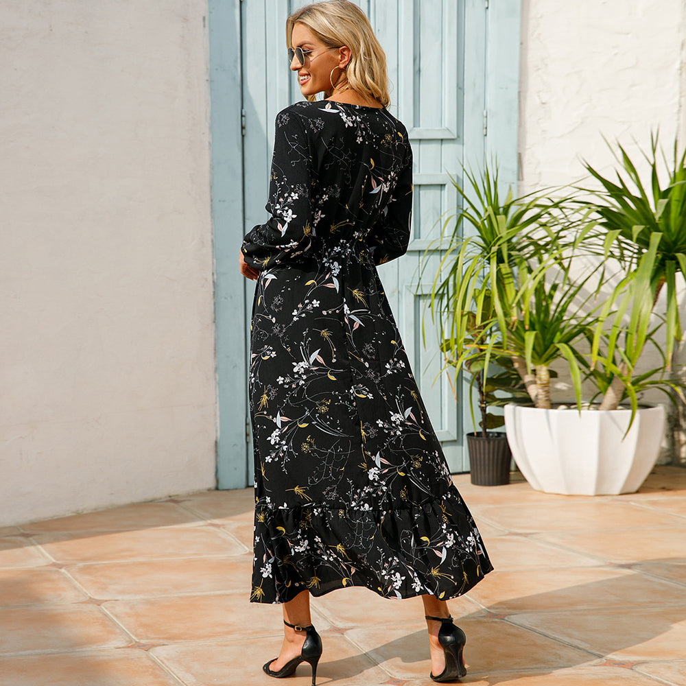 Maxi abiti da donna Sping autunno bohémien Casual manica intera vita alta spiaggia donna abiti in Chiffon abito lungo floreale vestido