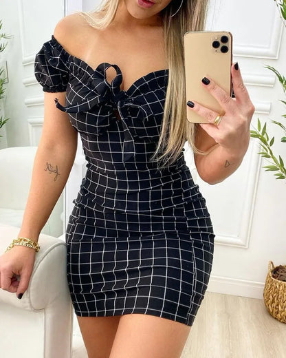 Summer dress sexy package buttocks short skirt of cross border grid print dress