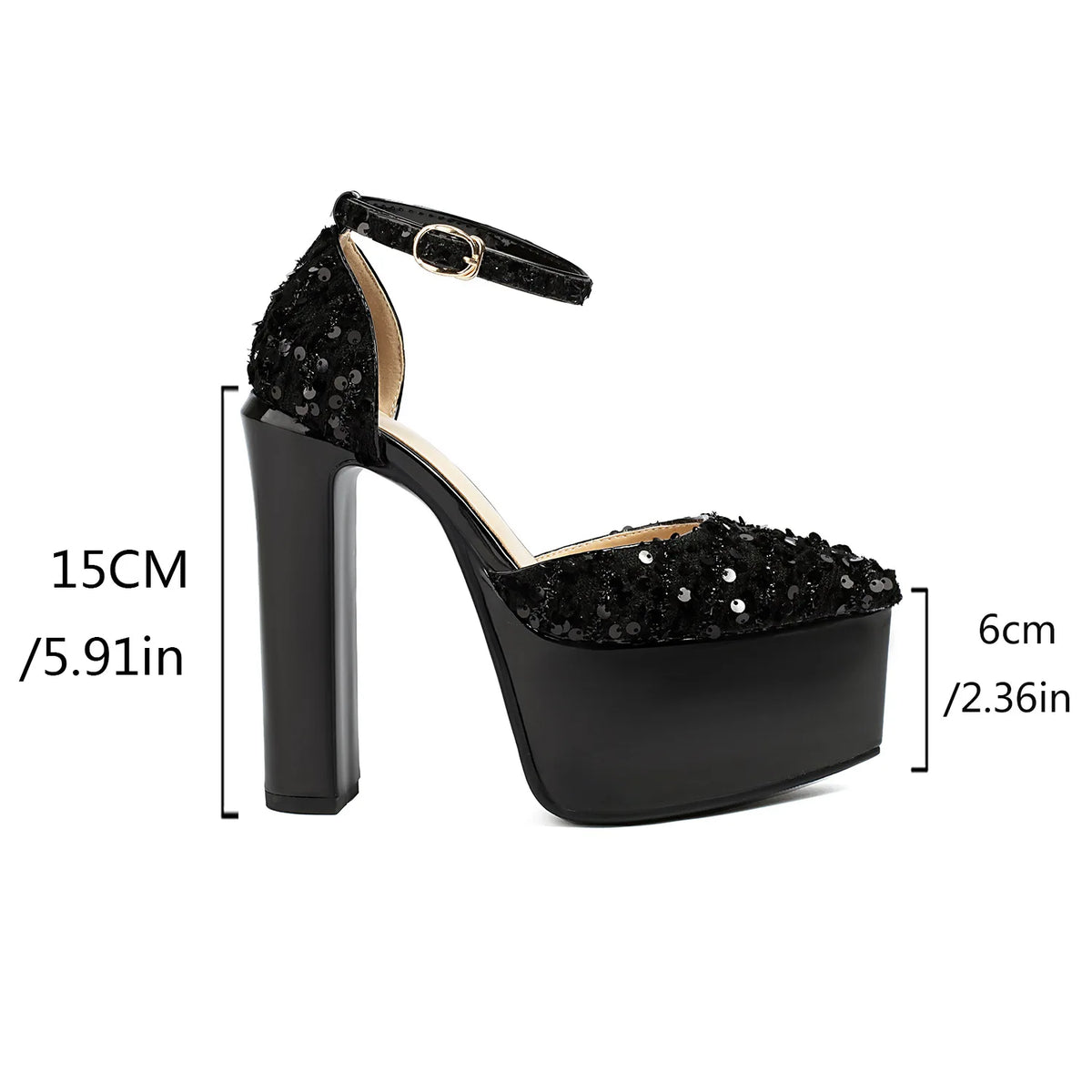 Sandali a punta neri con cinturino alla caviglia sexy per le donne Piattaforma estiva 15CM Scarpe eleganti da festa con paillettes lucide Tacchi alti vuoti laterali neri