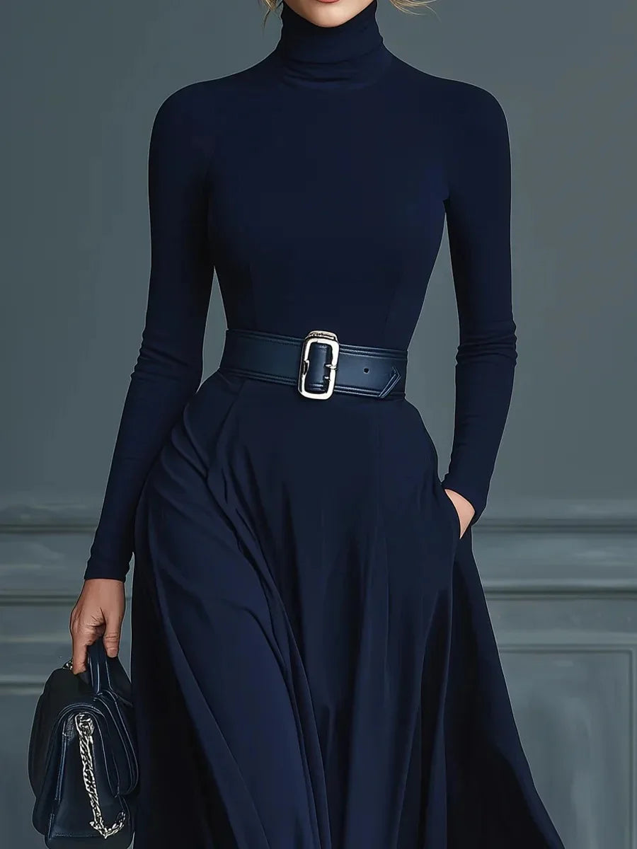 Abito Cerimonia Donna Tinta unita Collo alto Manica lunga Vita Abito Donna Autunno Inverno Orlo Abito lungo Abiti Formales Mujer