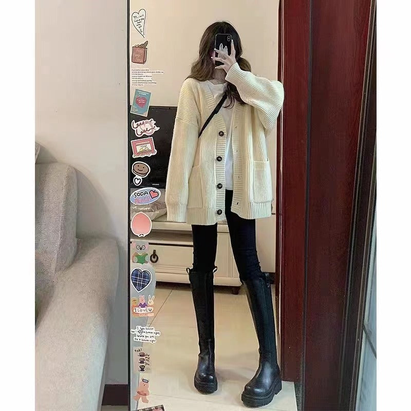 Cardigan maglione donna autunno inverno cappotti moda femminile manica lunga scollo a V giacche lavorate a maglia larghe cardigan maglione casual
